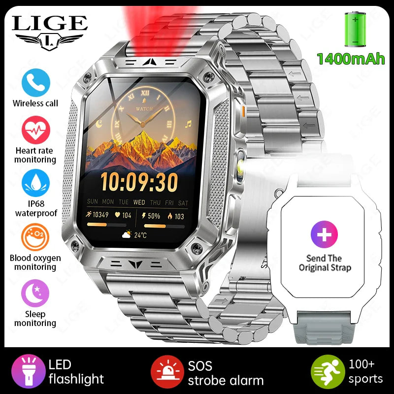 Military Smart Watch 1400mAh Battery Fitness Tracking Waterproof